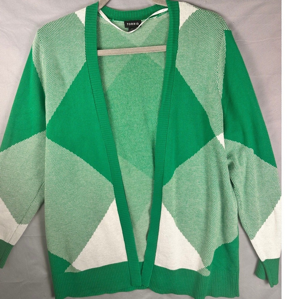 torrid Green and White Geometric Open Cardigan